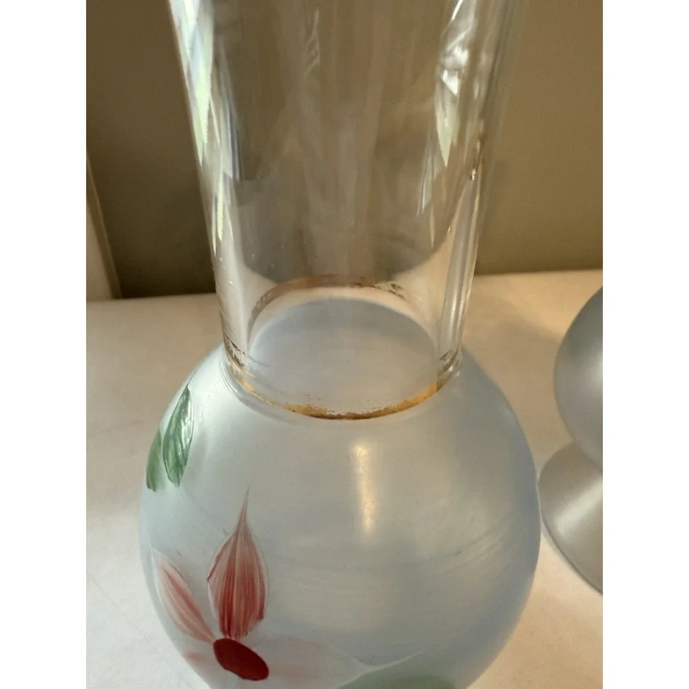 Pair Of 2 Bartlett Collins Vintage Clear - Frosted Glass Vases Hand Painted 9